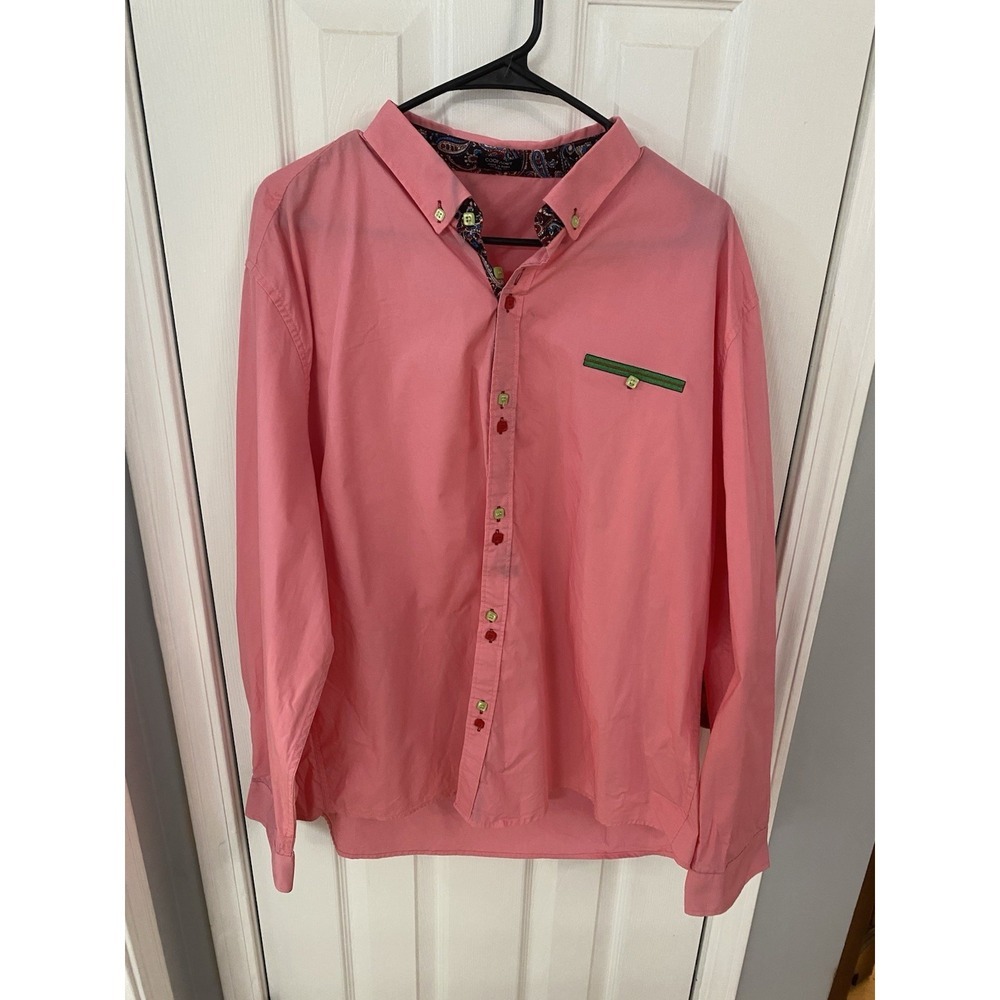 Coofandy Button Down Mens XXL Pink Paisley Trim Contrast Button Long Sleeve